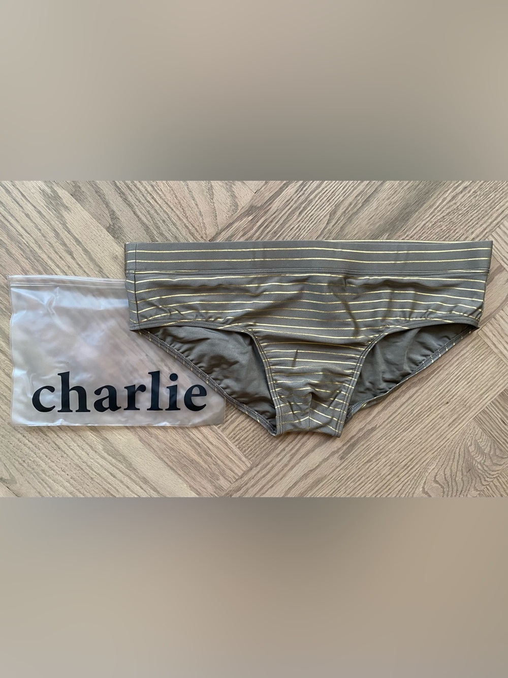 Charlie Olive and Gold Striped Men's Swim Trunks
